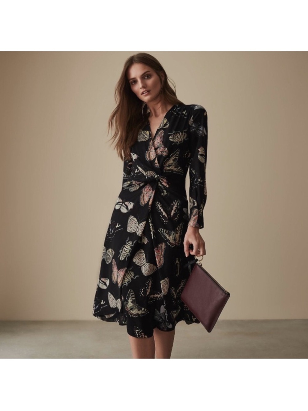 Reiss Black Midi Wrap Dress with Multicolor Butterfly Motif